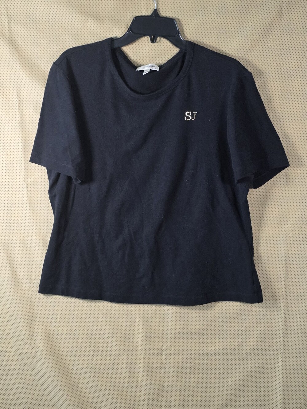 St. John Sport Black Rhinestone SJ Logo Cotton Stretch T-Shirt Top XL Minimalist